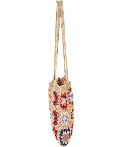 Handwoven Crochet Multicolour Flower Straw Bag - Travel, Beach, Shopping Woven Shoulder Bag for Women Beige $15.60 Shoulder Bags