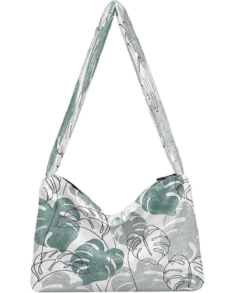 Summer Colorful Floral Plants Girls Crossbody Hobo Bag, Furry Tote Shoulder Purse Bag Abstract Monstera Leaves Plant $11.96 H...