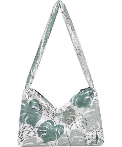 Summer Colorful Floral Plants Girls Crossbody Hobo Bag, Furry Tote Shoulder Purse Bag Abstract Monstera Leaves Plant $11.96 H...