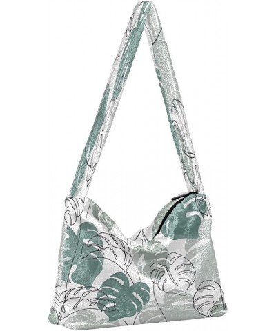 Summer Colorful Floral Plants Girls Crossbody Hobo Bag, Furry Tote Shoulder Purse Bag Abstract Monstera Leaves Plant $11.96 H...