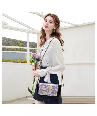 Cute Print Leather Shoulder Bags, Floral Pink Daisy Flower Women Crossbody Bag Purses Wallet Satchel with Chain Strap Colorfu...