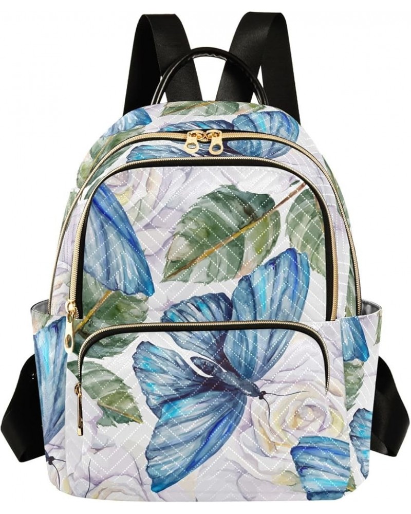 Travel Backpack Purse for Women Fashion Anti-theft Work Casual Blue Butterfly White Roses Daypack Shoulder Bag Medium Size Me...