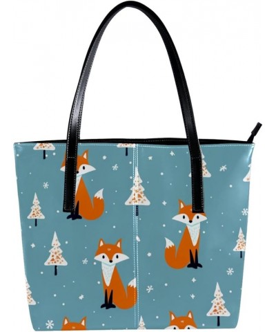 Tote Bags, Faux Leather Large Tote Bags for Women, Tote Bag with Zipper, Fox Tree Cartoon, Womens Tote Bags for Work Pattern ...