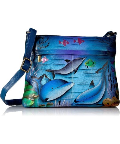 Women's Genuine Leather Medium Crossbody with External Zipper Pocket Playful Dolphin $38.32 Crossbody Bags