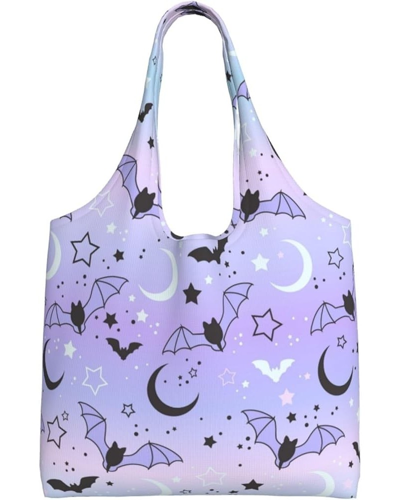 Bright Rainbow Halloween Star Single Shoulder Commuter Canvas Tote Bags For Women And Men Bat on Starry Sky $12.97 Totes