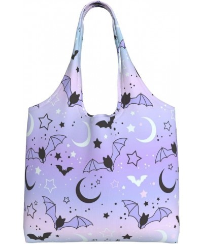 Bright Rainbow Halloween Star Single Shoulder Commuter Canvas Tote Bags For Women And Men Bat on Starry Sky $12.97 Totes