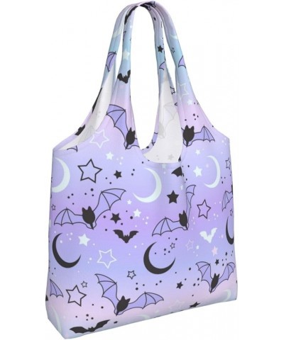 Bright Rainbow Halloween Star Single Shoulder Commuter Canvas Tote Bags For Women And Men Bat on Starry Sky $12.97 Totes