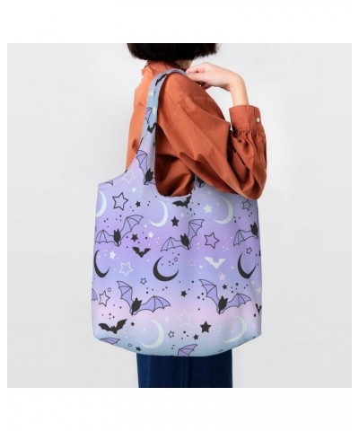 Bright Rainbow Halloween Star Single Shoulder Commuter Canvas Tote Bags For Women And Men Bat on Starry Sky $12.97 Totes