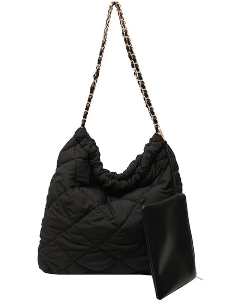 Women's Quilted Hobo Bag with Chain Puffy Hobo Quilted Puffer Shoulder Bag (Fuchsia) Black $19.74 Totes