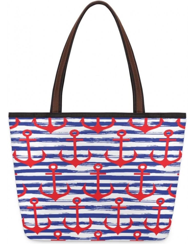 Red Anchor Blue Wave Large Tote Bag For Women Shoulder Handbags with Zippper Top Handle Satchel Bags for Shopping Travel Gym ...