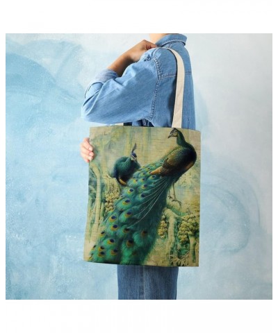 Canvas Tote Bag, Retro Peacock Shopping Bag with Zipper & Handle for School Travel, Reusable Shopping Grocery Bags Style-12 $...