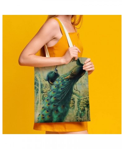 Canvas Tote Bag, Retro Peacock Shopping Bag with Zipper & Handle for School Travel, Reusable Shopping Grocery Bags Style-12 $...