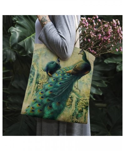 Canvas Tote Bag, Retro Peacock Shopping Bag with Zipper & Handle for School Travel, Reusable Shopping Grocery Bags Style-12 $...