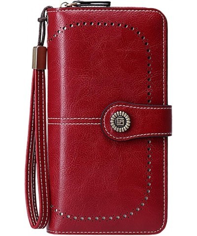 Women's RFID Antimagnetic Wallet European and American Wax Leather Wallet Large Capacity Handbag Small (Grey, One Size) Red O...