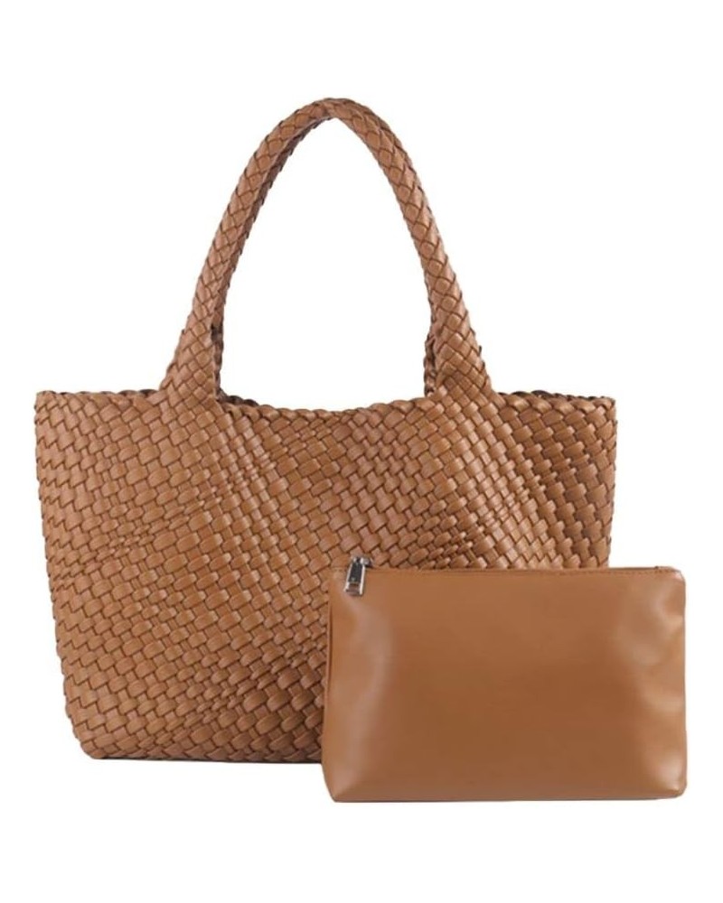 Women's Large Capacity Leather Woven Handbag Brown $36.18 Totes