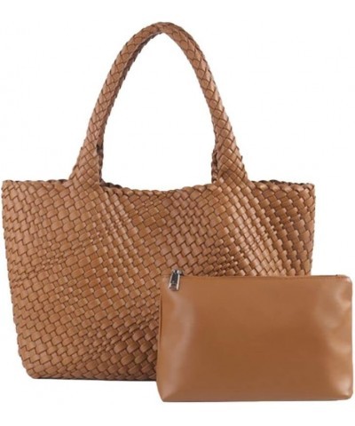 Women's Large Capacity Leather Woven Handbag Brown $36.18 Totes