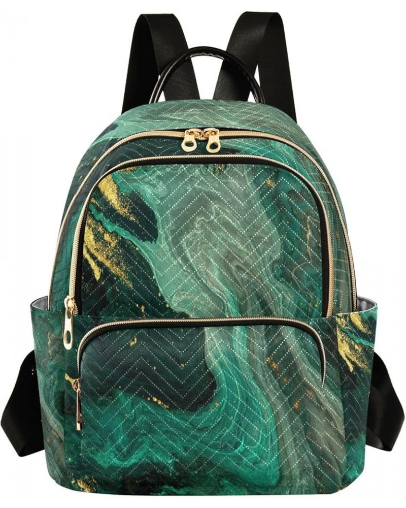 Backpack Purse for Women Green Glittering Marble, Mini Fashion Backpack Abstract Golden Griotte Lightweight Casual Daypack Sh...