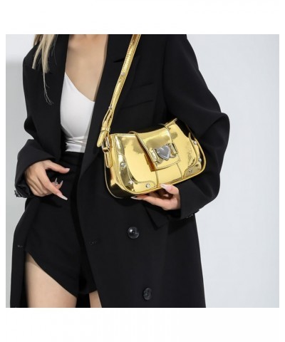 Women Punk Shoulder Bag Y2K Cool Crossbody Bag Metallic Color Versatile Satchel Bag PU Leather Spice Girls Dating Bag Gold $2...