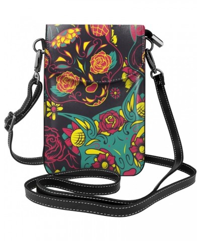 Sugar Cat Skull with Floral Ornament Flower Pattern Leather Cell Phone Crossbody Wallet Purses Small Crossbody Bags for Women...