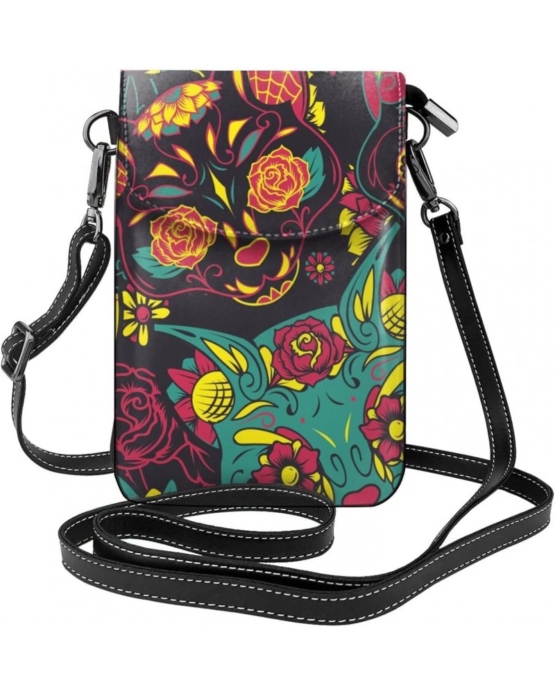 Sugar Cat Skull with Floral Ornament Flower Pattern Leather Cell Phone Crossbody Wallet Purses Small Crossbody Bags for Women...