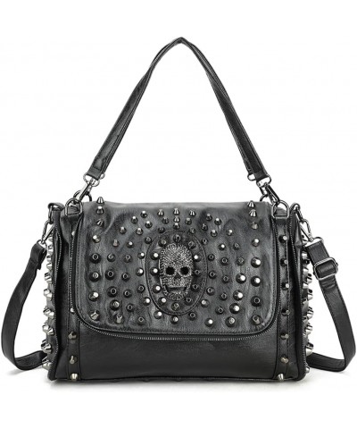 Women Skull Handbag Purse Gothic Rivet Satchel PU Flip Cover Zipper Crossbody Shoulder Bag-Black Black $46.04 Totes