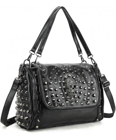 Women Skull Handbag Purse Gothic Rivet Satchel PU Flip Cover Zipper Crossbody Shoulder Bag-Black Black $46.04 Totes