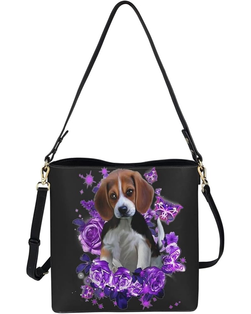 Big Capacity Leather Hobo Tote Bag Purse Handbag for Women Ladies Purple Beagle Flower Butterfly $27.72 Hobo Bags