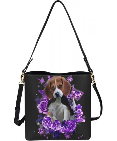 Big Capacity Leather Hobo Tote Bag Purse Handbag for Women Ladies Purple Beagle Flower Butterfly $27.72 Hobo Bags