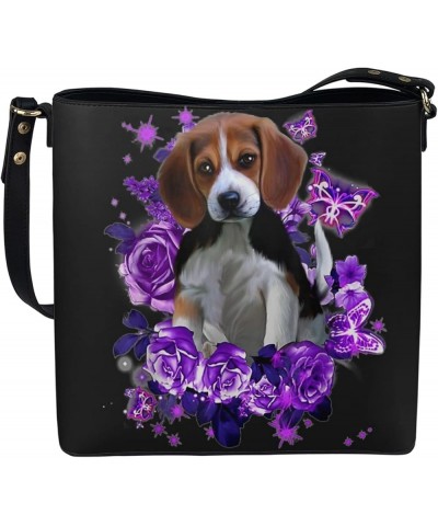 Big Capacity Leather Hobo Tote Bag Purse Handbag for Women Ladies Purple Beagle Flower Butterfly $27.72 Hobo Bags