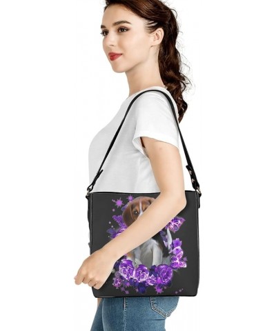 Big Capacity Leather Hobo Tote Bag Purse Handbag for Women Ladies Purple Beagle Flower Butterfly $27.72 Hobo Bags