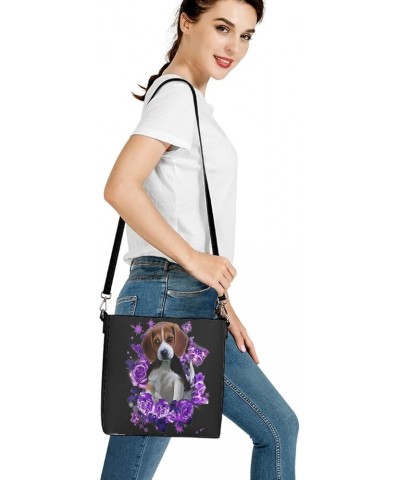 Big Capacity Leather Hobo Tote Bag Purse Handbag for Women Ladies Purple Beagle Flower Butterfly $27.72 Hobo Bags