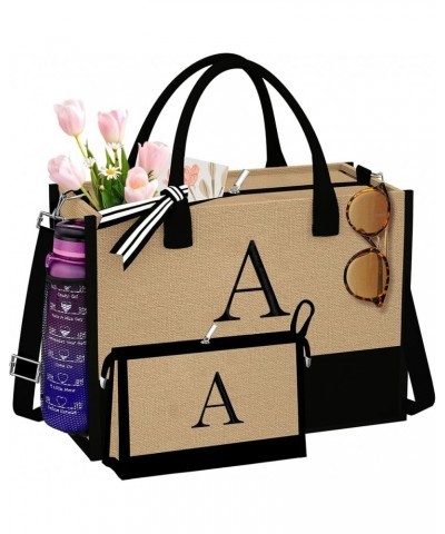 Jute Initial Tote Bag Burlap Beach Bag Personalized Birthday Gifts for Women Teacher Mom Bridal Bridesmaid Gifts A With Cosme...