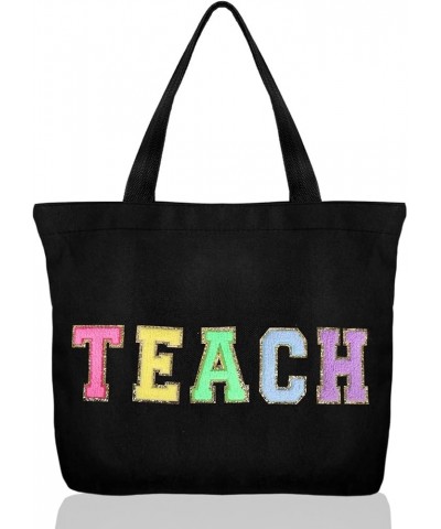 Teacher Appreciation Gifts Teacher Gifts Tote Bag Canvas Chenille Letter Patches with Zipper Pocket Black/1 Pack $8.61 Totes