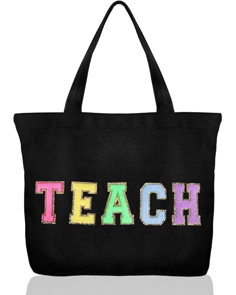 Teacher Appreciation Gifts Teacher Gifts Tote Bag Canvas Chenille Letter Patches with Zipper Pocket Black/1 Pack $8.61 Totes