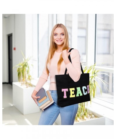 Teacher Appreciation Gifts Teacher Gifts Tote Bag Canvas Chenille Letter Patches with Zipper Pocket Black/1 Pack $8.61 Totes