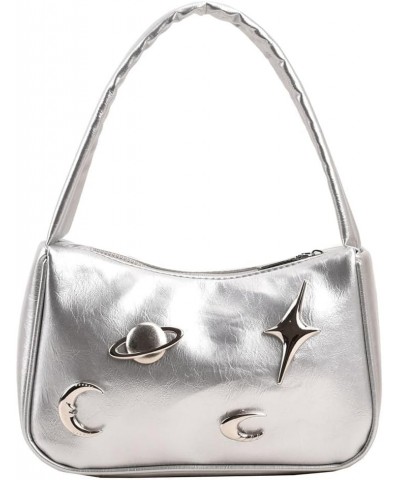 PU Leather Versatile Zipper Bag Moon Earth Star Trendy Underarm Handbag Women Retro Underarm Bag Female Daily Dati Silver $9....