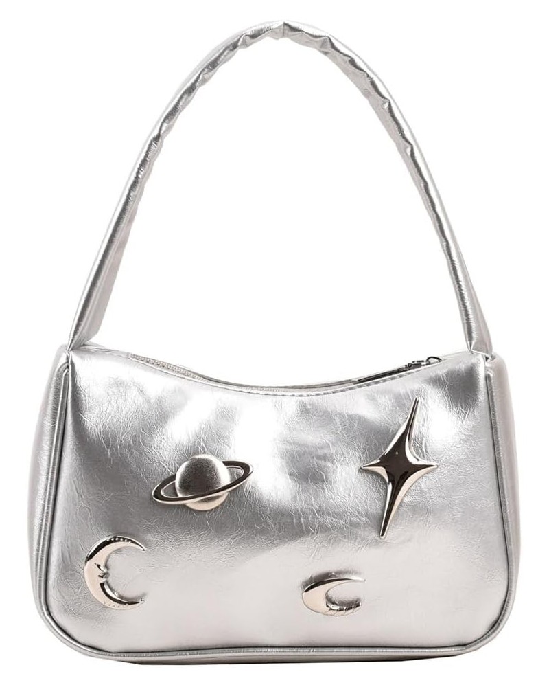 PU Leather Versatile Zipper Bag Moon Earth Star Trendy Underarm Handbag Women Retro Underarm Bag Female Daily Dati Silver $9....