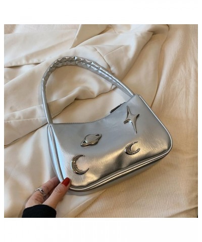 PU Leather Versatile Zipper Bag Moon Earth Star Trendy Underarm Handbag Women Retro Underarm Bag Female Daily Dati Silver $9....