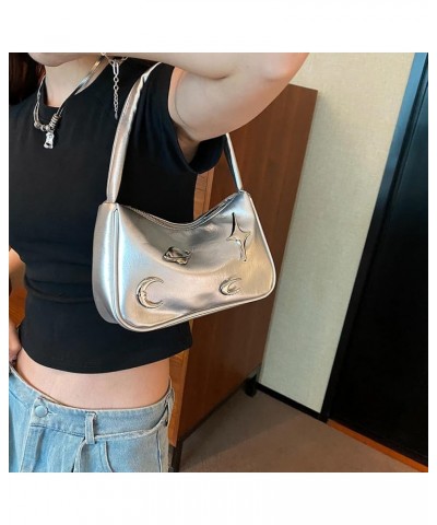 PU Leather Versatile Zipper Bag Moon Earth Star Trendy Underarm Handbag Women Retro Underarm Bag Female Daily Dati Silver $9....