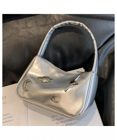 PU Leather Versatile Zipper Bag Moon Earth Star Trendy Underarm Handbag Women Retro Underarm Bag Female Daily Dati Silver $9....