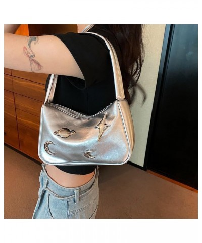 PU Leather Versatile Zipper Bag Moon Earth Star Trendy Underarm Handbag Women Retro Underarm Bag Female Daily Dati Silver $9....