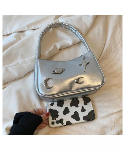 PU Leather Versatile Zipper Bag Moon Earth Star Trendy Underarm Handbag Women Retro Underarm Bag Female Daily Dati Silver $9....