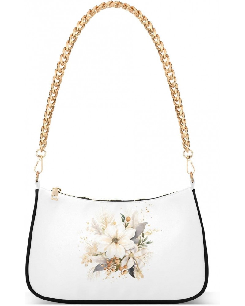 White Beautiful Flowers Clutch Shoulder Bag for Women, Hobo Tote Handbag with Gold Chain, Crossbody Bag with Zipper Closure $...