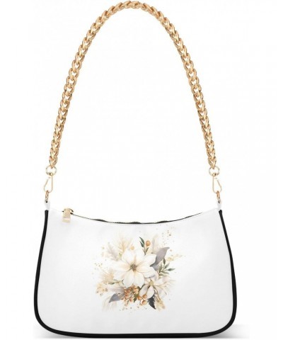 White Beautiful Flowers Clutch Shoulder Bag for Women, Hobo Tote Handbag with Gold Chain, Crossbody Bag with Zipper Closure $...