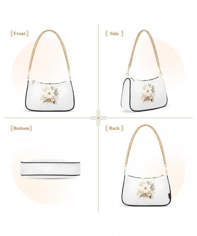 White Beautiful Flowers Clutch Shoulder Bag for Women, Hobo Tote Handbag with Gold Chain, Crossbody Bag with Zipper Closure $...