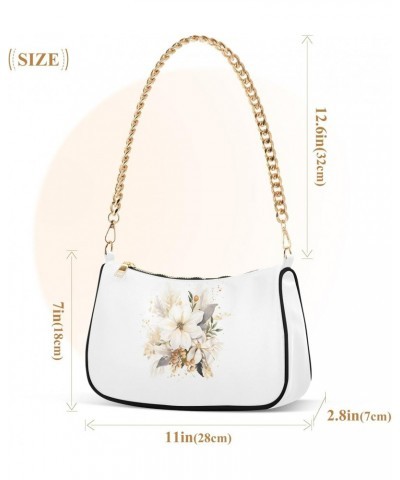 White Beautiful Flowers Clutch Shoulder Bag for Women, Hobo Tote Handbag with Gold Chain, Crossbody Bag with Zipper Closure $...