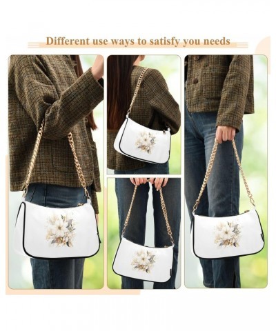 White Beautiful Flowers Clutch Shoulder Bag for Women, Hobo Tote Handbag with Gold Chain, Crossbody Bag with Zipper Closure $...