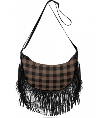 Tartan Coffee Brown Plaid Fringe Bag for Women Cross Body Bag Tassel Shoulder Bag Satchel $11.34 Shoulder Bags