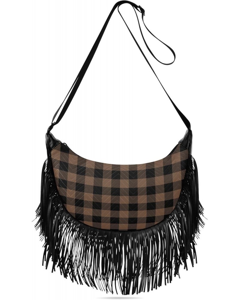 Tartan Coffee Brown Plaid Fringe Bag for Women Cross Body Bag Tassel Shoulder Bag Satchel $11.34 Shoulder Bags