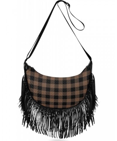 Tartan Coffee Brown Plaid Fringe Bag for Women Cross Body Bag Tassel Shoulder Bag Satchel $11.34 Shoulder Bags